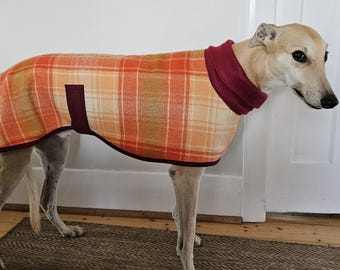 checks in orange, apricot and mustard...winter coat for a L greyhound in vintage wool blanket and fleece