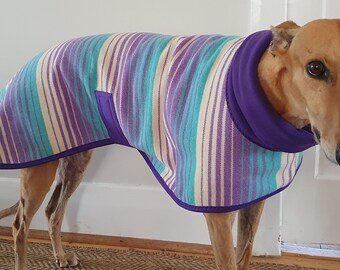 stripes in turquoise and purple...winter coat for a greyhound in vintage wool blanket and fleece