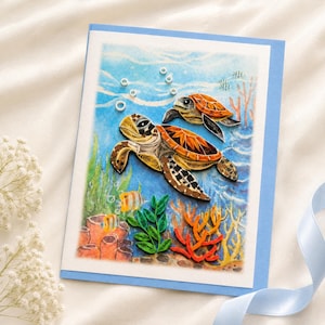 Zeeschildpadmoeder en kind, onderwaterdieren wenskaart, artistieke quilling kaart, handgemaakte onderwaterkaart voor Moederdag voor mama