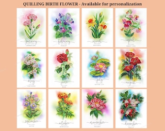 Custom Family Picture Art, Birth Month Flower Photo Frame, Birth Flower Wooden Photo Frame, Quilling Birth Flower by Months from Jan to Dec