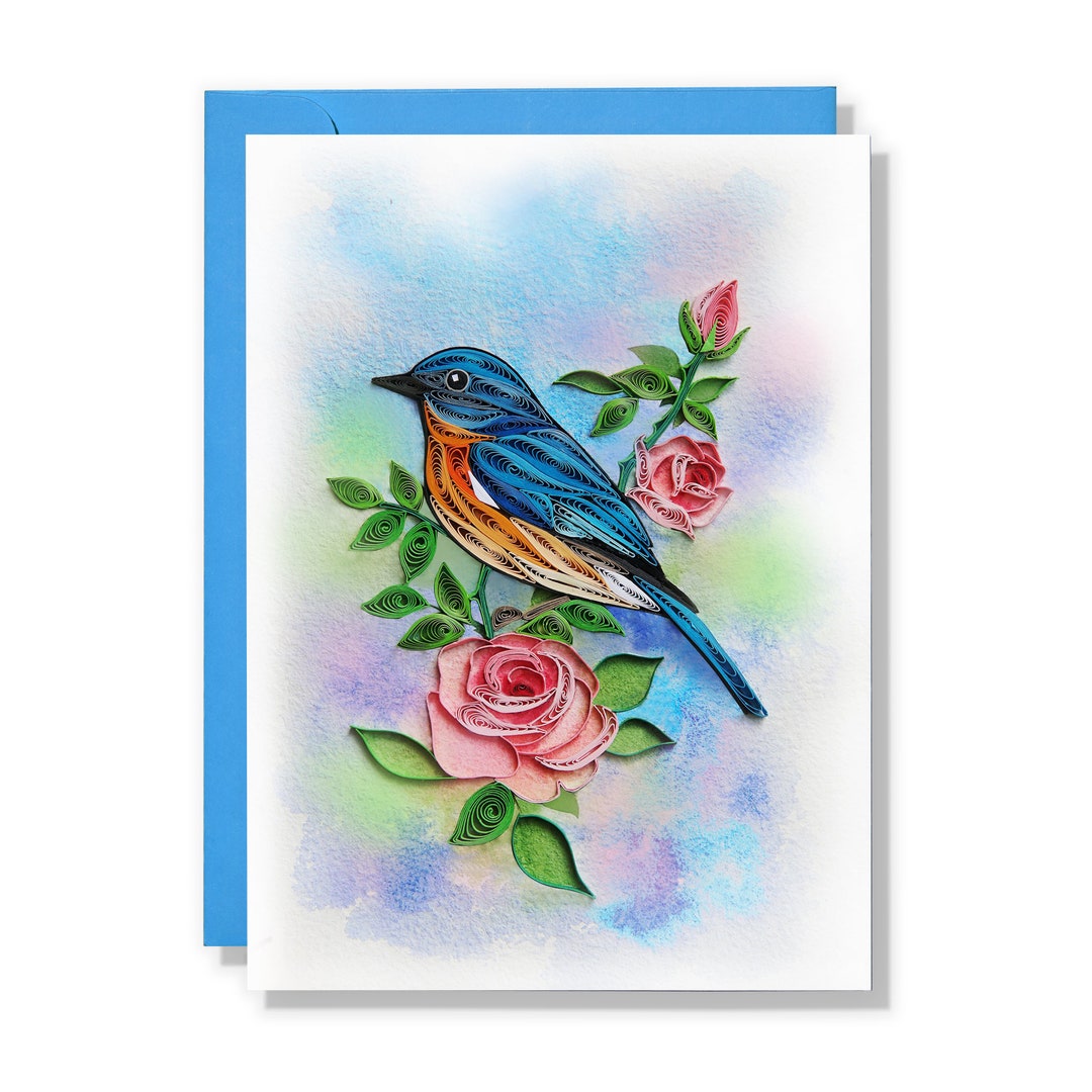 Happy Birthday Quilling Card, Pastel Rose and Bird Flower Card ...