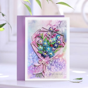 Carte de Quilling Foget-Me-Not, carte florale faite main quilling, carte de fleur pour maman, femme, fille, grand-mère, décoration cadeau de fleur de naissance