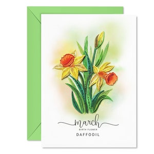 Carte de joyeux anniversaire quilling, carte de fleurs de naissance de mars, cadeaux d'anniversaire, carte florale jonquille pour femme, maman, fille, fille, carte faite main