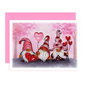 Carte de quilling d'amour de gnomes heureux de Valentine, carte de voeux d'anniversaire de fiançailles de mariage d'amour, carte de quilling 3D faite main pour l'amour, lui, elle