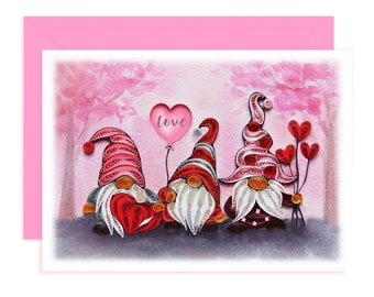 Happy Valentine Gnomes Love Quilling Card, Love Wedding Engagement Anniversary Greeting Card, Handmade 3D Quilling Card for Love, Him, Her