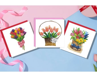 Handmade Flower Quilling Card, Tulip Bouquet Card, Tulip in a Vase Quilling Greeting Card, Birthday Gifts, Floral Card For Women,Mom,Girl