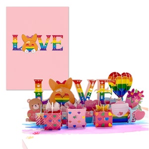 LOVE Funny Corgi LGBT Pop Up Card, carte pop-up 3D pour LGBTQIA, carte Corgi pour anniversaire, mois de la fierté, anniversaire, Saint-Valentin avec enveloppe