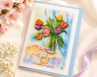 Happy Birthday Quilling Card, Tulip Flower Card, Flower Gifts, Tulip Floral Card For Women, Mom, Daughter, Girl, Handmade Floral Card