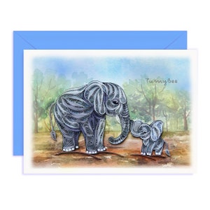 Elefant Mama und Kind Grußkarte, süße Tierkarte, handgemachte kunstvolle Malerei Quilling Karte, glückliche Muttertagskarte für Mama, Oma