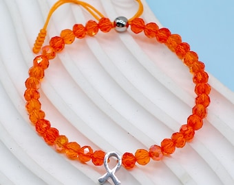 Leukemia Awareness Crystal Bead Bracelet, Orange Ribbon Warrior, Stainless Steel Charm, Cancer Survivor Gift, Support Jewelry Gift