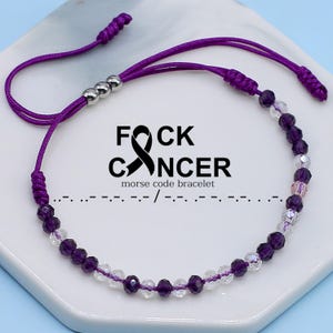 May include: Purple and clear beaded bracelet with a purple cord and silver beads. The bracelet spells out "F*CK CANCER" in Morse code.