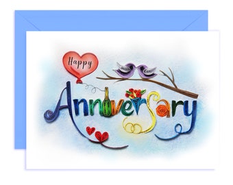 Happy Anniversary Quilling Card with Envelope, LOVE Retro Romantic Card for Wedding, Engagement, Valentine, Handmade Quilling Card for Love