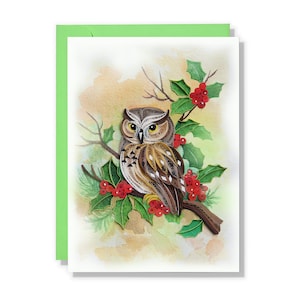 Carte de joyeux anniversaire quilling, carte de houx et de fleurs de hibou, cadeau d'anniversaire pour femme, maman, fille, fille, carte piquants, fleur du mois de naissance