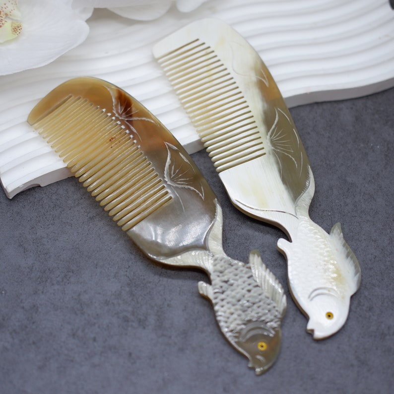 Personalized Fish Natural Buffalo Horn Comb, Handmade Elegant Massage ...