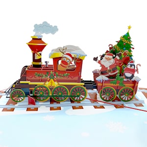 Weihnachtszug Pop Up und Quilling-Karte Karte, Weihnachtszug mit Joy, Weihnachtsmann und Rentier, Merry Xmas Card