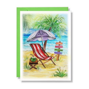 Carte de quilling de chaise rouge de bonne retraite, carte de félicitations pour un collègue, carte de félicitations à la retraite, sur le thème de la plage, carte pour collègue, patron