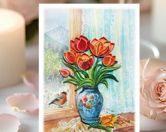 Colorful Tulip in a Blue Vase Card, Greeting Card, Tulip Card For All Occasions, For Women, Friends, Handmade Quill Card, Flowers Quill Card