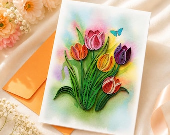Colorful Tulip Flower Card, Mothers Day Greeting Card, Tulip Card For All Occasions, For Women, Mom, Daughter, Girl, Handmade Quill Card
