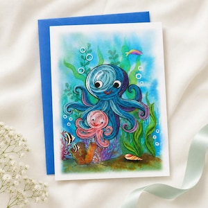 Handgemaakte schattige wenskaart met octopusmoeder en -kind, kleurrijk onderwaterdier, kunstzinnige quillingkaart, kaart voor Moederdag, Vaderdag