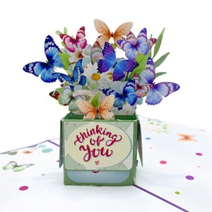 Carte pop-up papillon pensant à vous, carte pop-up fleurs colorées, Je vous remercie, carte pop-up fleurs 3D, cadeau pour maman