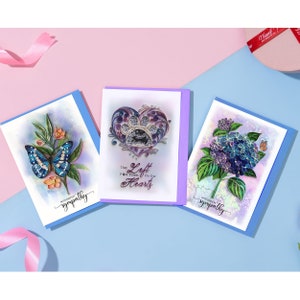Hortensia bleu quilling, carte de sympathie pour animal de compagnie, carte de quilling papillon avec sympathie, carte mémoire faite main pour perte d'animal de compagnie, carte de sympathie profonde