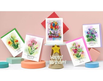 Carte de joyeux anniversaire quilling, carte de fleurs de naissance, cadeau d'anniversaire, carte florale pour maman, femme, lui, elle née en janvier, février, mars, avril