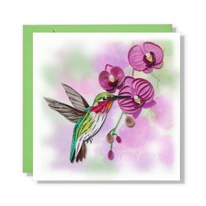 Carte de quilling colibris et orchidée pourpre, carte de fête des mères, carte de quilling pour anniversaire, carte artistique avec peinture à l'aquarelle pour maman