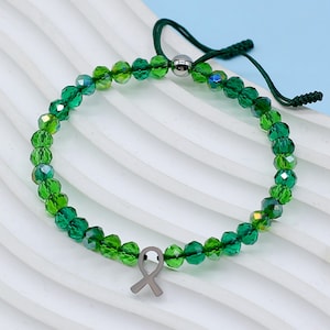 Green Awareness Crystal Bead Bracelet for Mental Health, Cerebral Palsy, Scoliosis, Kidney and More,Cancer Survivor Gift,Protection Bracelet