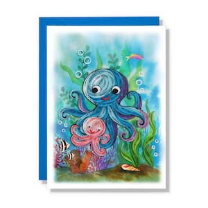 Handmade Cute Octopus Mom and Kid Greeting Card, Colorful Under The Sea Animal, Artful Painting Quilling Card, Cad for Mother Day,Father Day