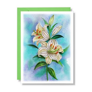 Carte fleur de lys blanc, carte de voeux, cadeaux fleurs, carte lys blanc pour toutes les occasions, pour femme, maman, fille, fille, carte plume faite main