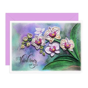 Quilling Thinking Of You Orchideenkarte, Orchideenblumen-Quillingskarte, handgefertigtes Blumenmuster für Liebe, Freunde, Familie, Mama und Papa