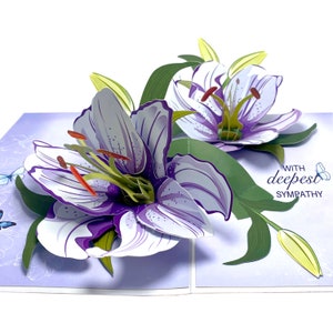 Carte pop-up lys blanc, nos condoléances, perte d'un être cher, animal de compagnie, maman, papa, enfant, condoléances, pensée à vous, deuil, carte de deuil
