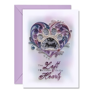 Cadeau perte d'animal de compagnie, cadeau perte d'animal de compagnie chien, carte perte d'un animal de compagnie, carte de quilling de sympathie pour animal de compagnie, empreintes de pattes laissées sur notre coeur, carte de perte de chien chat