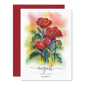 Carte de joyeux anniversaire quilling, carte de fleurs de naissance d'août, cadeaux d'anniversaire d'août, carte florale de pavot pour les femmes, maman, fille, fille, carte faite main