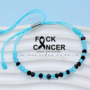 Light Blue Awareness Fuck Cancer Crystal Bead Morse Code Bracelet for Chronic Illness, Lymphedema, Cushing and More, Cancer Survivor Gift
