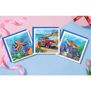 Handmade Colorful Turtle Octopus Under The Sea Greeting Card, Red Bus On The Beach, Artful Painting Quilling Card, Cad for Mother, Father