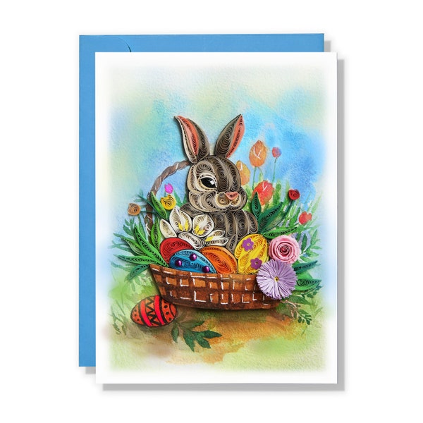 Cute Easter Bunnies Eggs Flowers Card, Happy Easter Day Greeting Card, Easter Day Gifts Card For Kids Family, Husband, Wife,Her with Envelop