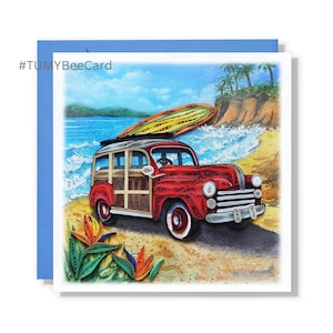 Handmade Red Bus On The Beach Greeting Card, Under The Sea Card, Artful Painting Quilling Card, Cad for Mother Day, Father Day, Birthday