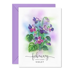 Carte de joyeux anniversaire quilling, carte de fleurs de naissance de février, cadeaux d'anniversaire, carte floral violet pour femme, maman, fille, fille, carte faite main