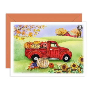 Carte citrouille rétro avec voiture, carte de voeux colorée, joyeux action de grâces, automne automne, carte aquarelle artistique artistique saisonnière pour Halloween, carte pour l'amour