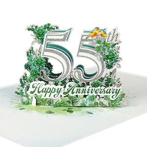 May include: A pop-up anniversary card with the number 55 in silver glitter and teal. The card features green floral accents, two small birds, and the words "Happy Anniversary".