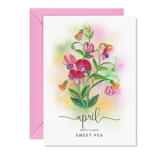 Carte de joyeux anniversaire quilling, carte de fleurs de naissance d'avril, cadeaux d'anniversaire, carte florale de pois de senteur pour femme, maman, fille, fille, carte faite main