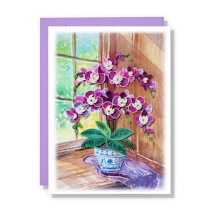 Carte d'orchidée pourpre en pensant à vous, carte de Quilling fleur d'orchidée pour la fête des mères, floral fait main pour l'amour, un ami, la famille, une maman et un papa