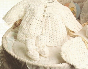 Vintage Crochet Pattern Pretty Baby Girl Matinee Coat Bonnet Booties Set PDF Instant Digital Download Preemie - 9m 4 Ply