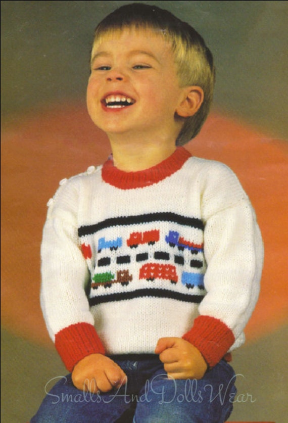 Vintage Knitting Pattern Toddler Boys Knit Vehicles Pullover Sweater Cars Trucks Traffic Pdf Instant Digital Download 18m 4 Yrs Dk 8 Ply