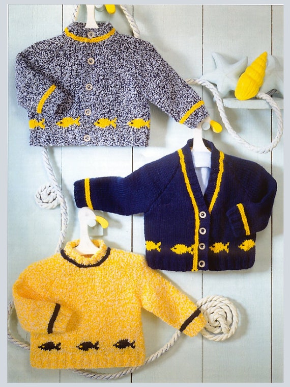 Vintage Knitting Pattern Knit Baby Boys Girls Fish Motif Cardigan Pullover Sweaters Pdf Instant Digital Download Birth 6 Yrs Dk 8 Ply
