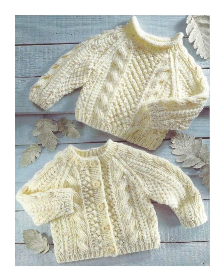 Vintage Knitting Pattern Baby Child Cable Aran Sweaters Cardigan Pull…