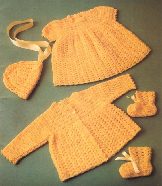 Baby Crochet Boy Blue Hat and Cardigan Sweater Pants Booties 4 Piece Outfit Set