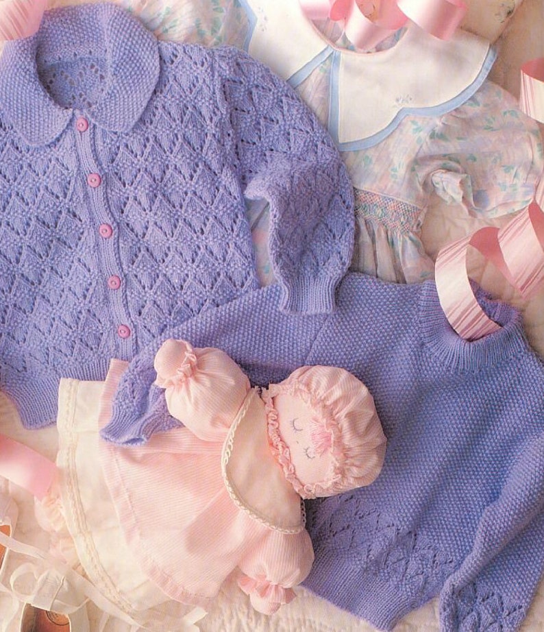 Vintage Knitting Pattern Baby Girl Pretty Twin Set Cardigan Pullover Sweaters Diamonds Moss Stitch PDF Instant Digital Download 3-18m 3 Ply