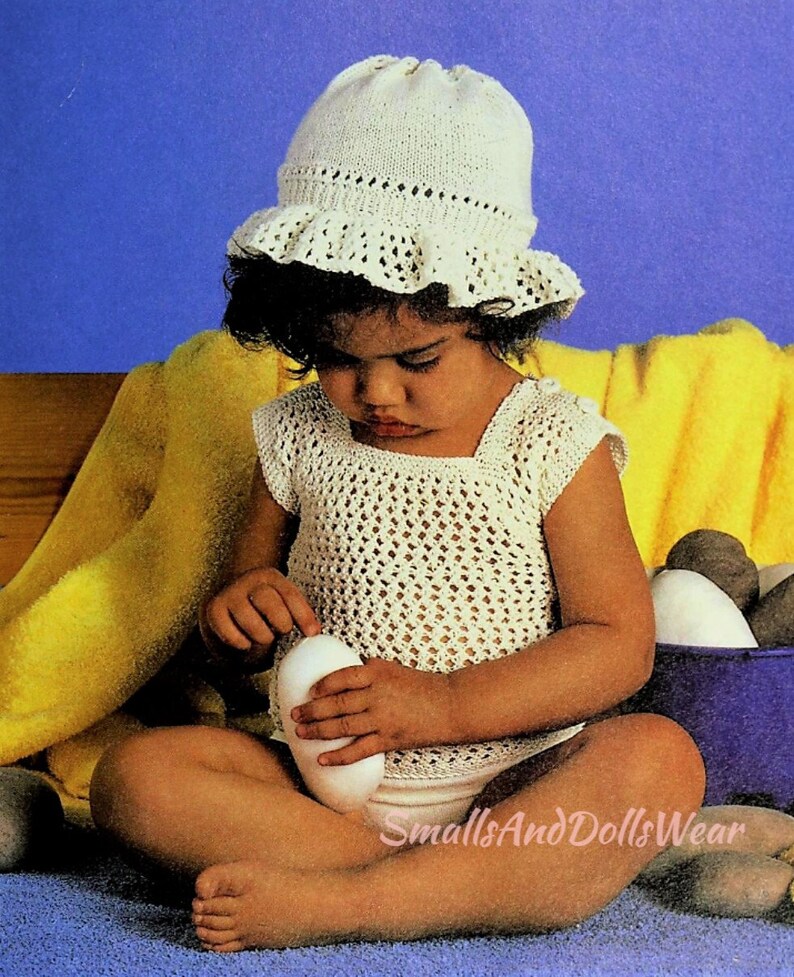 Vintage Crochet Pattern Baby Girl Summer Beach Top Sun Hat Set PDF Instant Digital Download  9-12 months Cotton Thread No 5